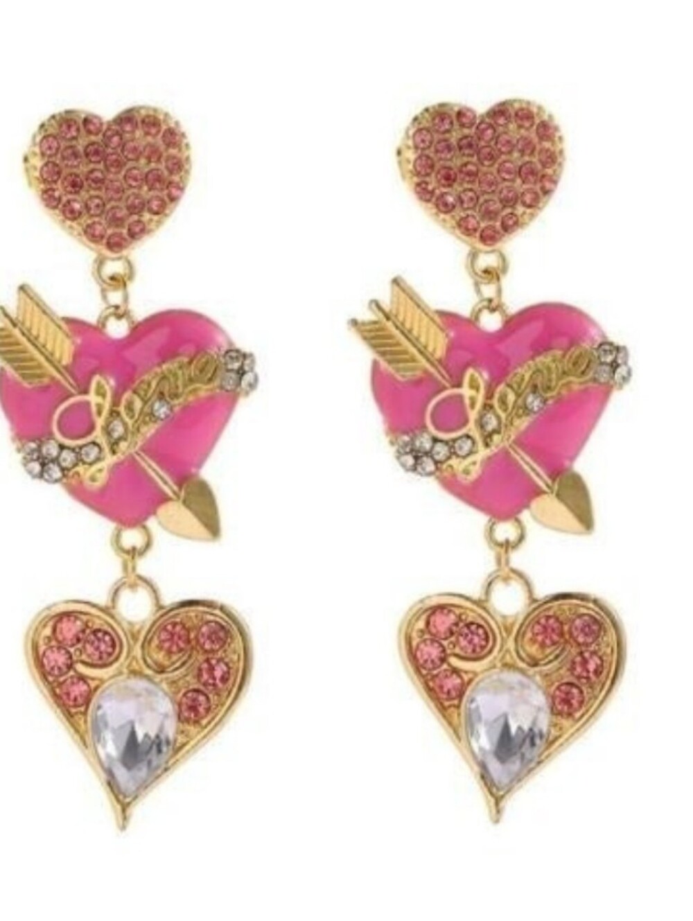 Betsey Johnson Gold-Tone Pink Heart Arrow Drop Earrings with Crystal Accents